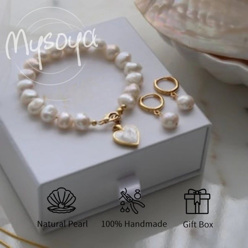 

MYSOYA White Baroque Freshwater Pearl Bracelet Earrings Set 8-9mm With Gift Box For Him/Her Birthday/Wedding/Christmas Gift