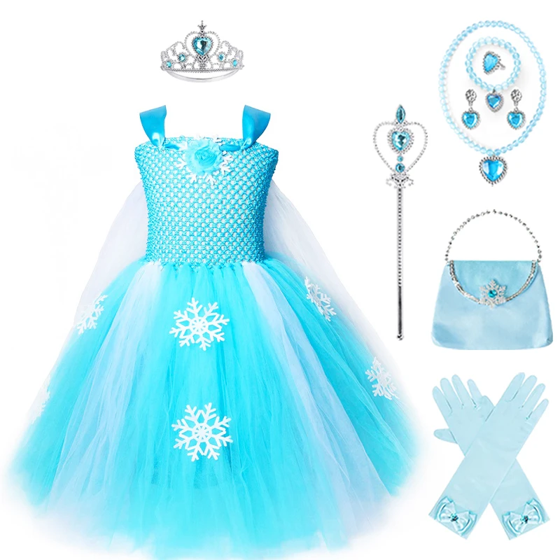 Sneeuw Koningin Prinsessenjurk Kroon Toverstaf Tas Handschoen Ketting Armband Ring Oorbel Set Vakantie Feest Optreden Kostuum