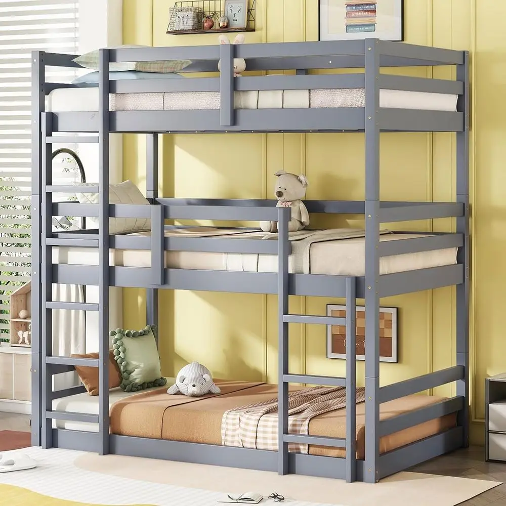 

Triple Bunk Bed with Ladder, Guardrails for Kids, Teens, and Adults - Grey