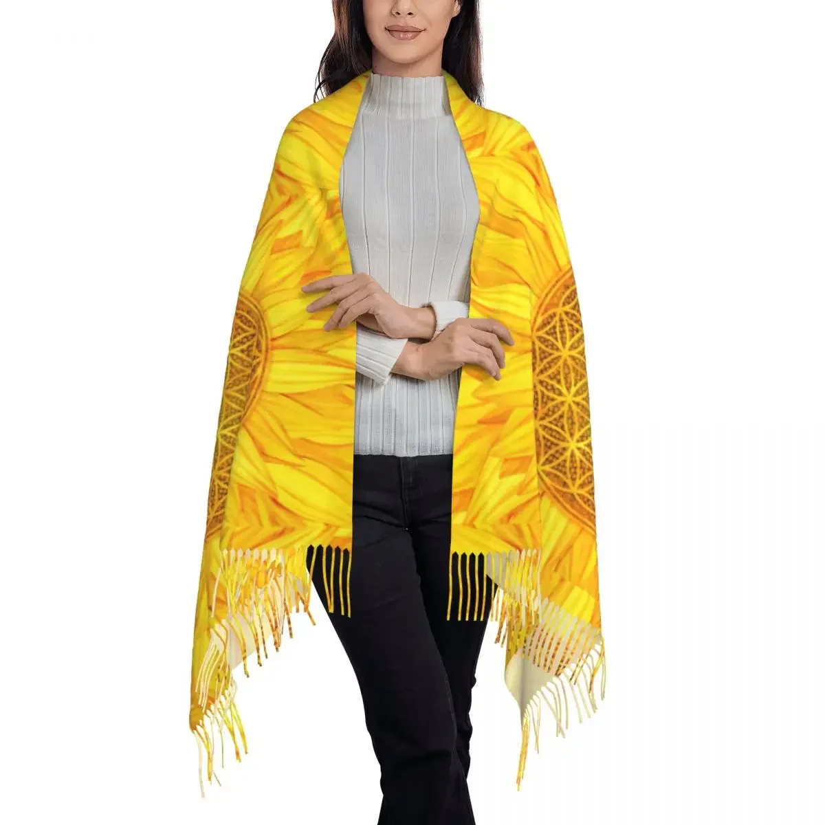 Flower Of Life Scarf Women Sunflower Headwear Scarves with Tassel Winter Vintage Shawls and Wrap Warm Soft Custom Bandana