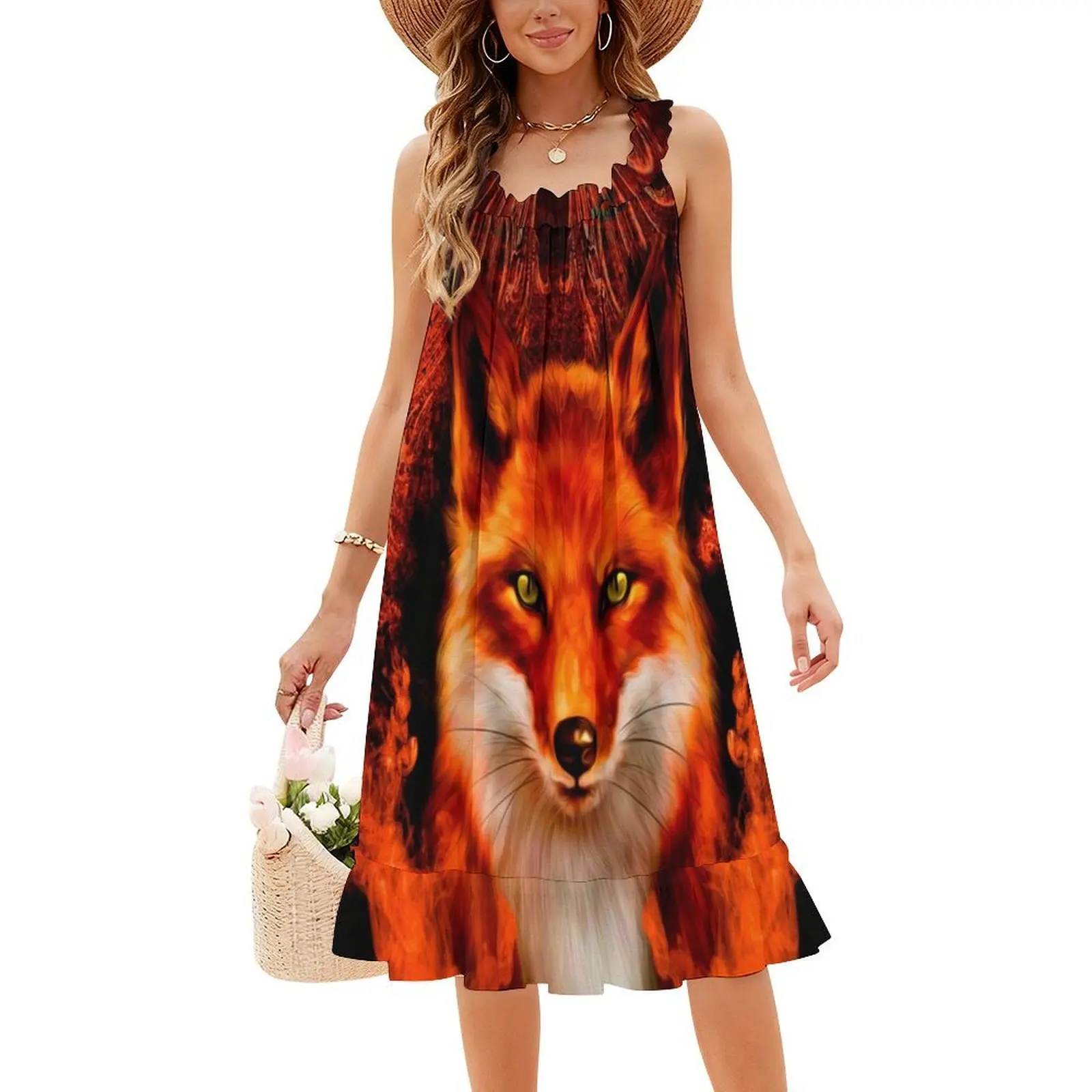 فستان ريد فاير فوكس بوهيمي بدون أكمام متعدد الطباعة لقضاء العطلات على الشاطئ فستان حفلات خلفية ثعلب نمط سلس كارتوني نسائي
