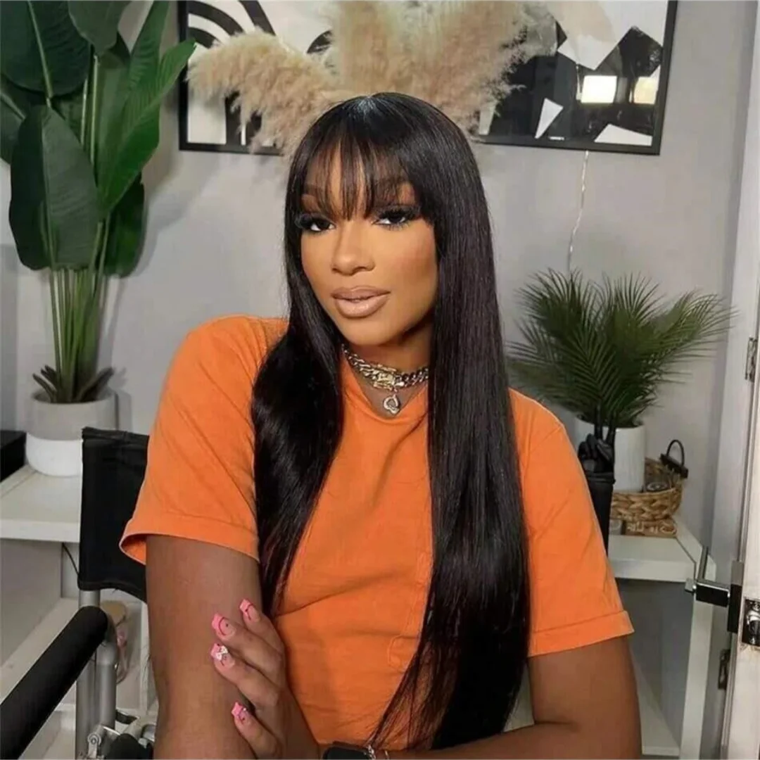 

Glueless Straight Wigs Human Hair With Bangs Full Machine Made Wigs For Women Daily Use Malaysia Hair Straight Wig 150 Density