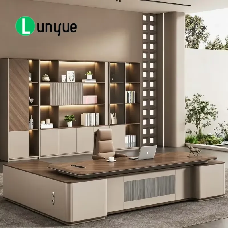 Modern L Shaped Executive Desk Set with Side Cabinet Bookcase Deluxe Manager Office Furniture Storage Workstation