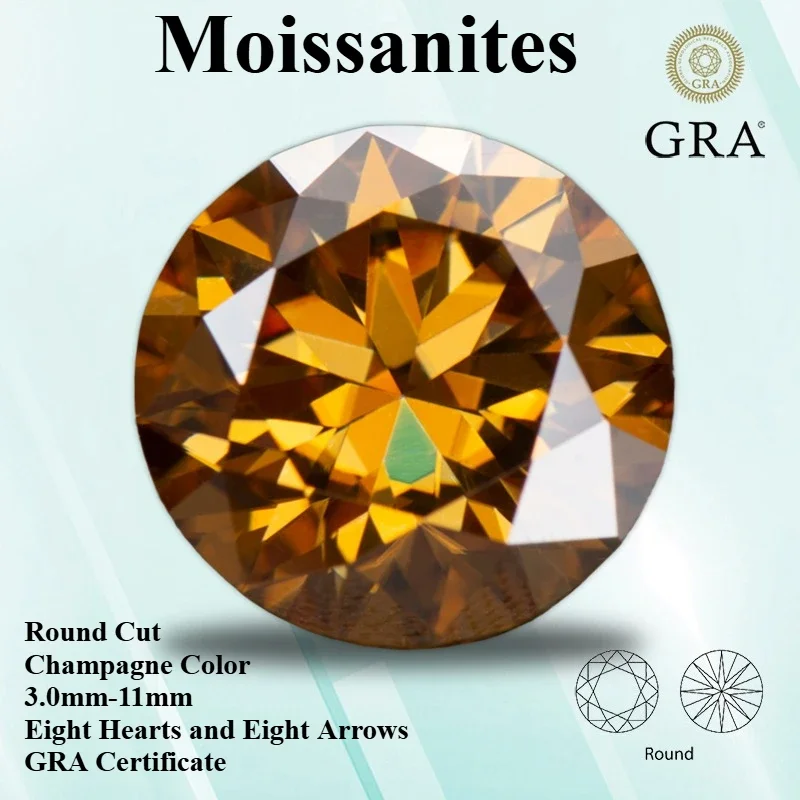Moissanites Round Cut Champagne Color Eight Hearts and Eight Arrows Moissanite Diamonds Gemstones Certificate