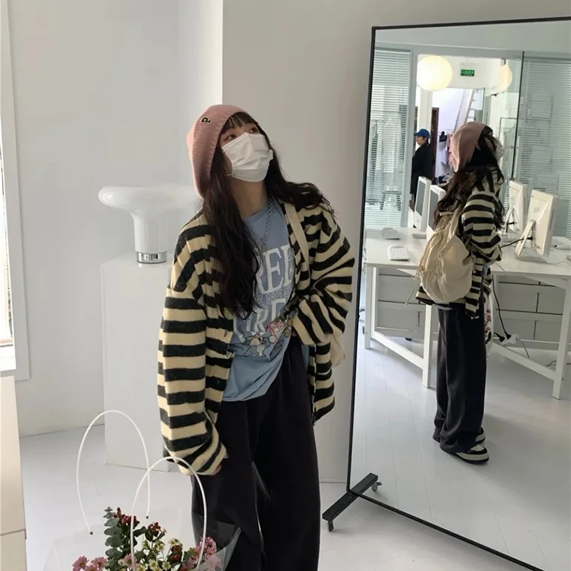 Vintage Gestreept Vest Vrouwen Herfst Oversized Luie Stijl Gebreide Trui Y 2K Dames Koreaans High Street Vest Met Lange Mouwen