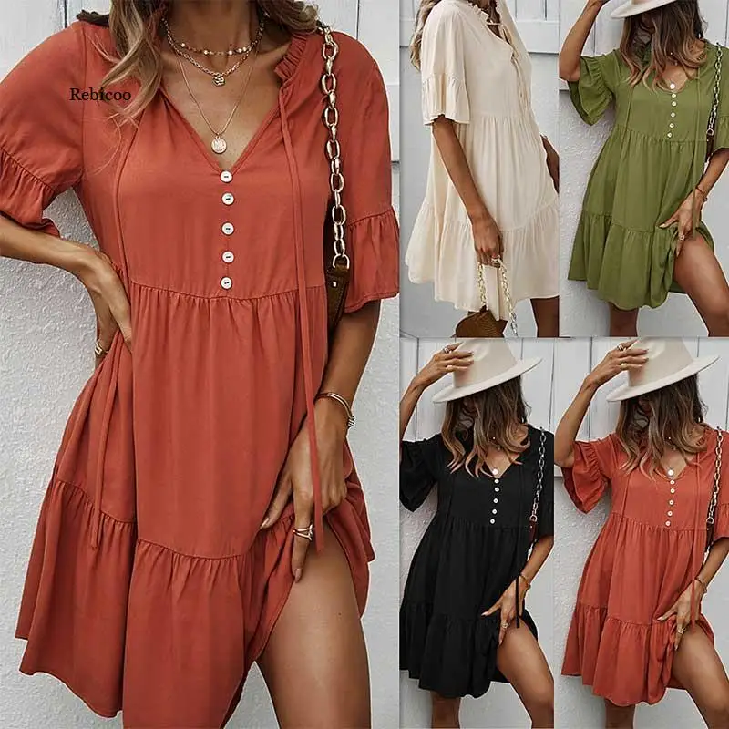 

2021 New Spring Summer Clothes for Women Button Bandage Short Sleeve Solid Casual Simplicity Female Dress Pullover A-line Skirt