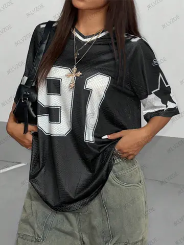 Summer New Black Speed 91 Print T-Shirt For Women V-Neck Patchwork Short Sleeve Sports Football Jersey Y2K Loose Oversized Tops