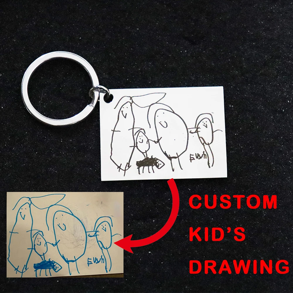 40*30mm Personalized With Kid's Drawing Keychain Stainless Steel Customized Children Artwork Keyring Birthday Gift For Family