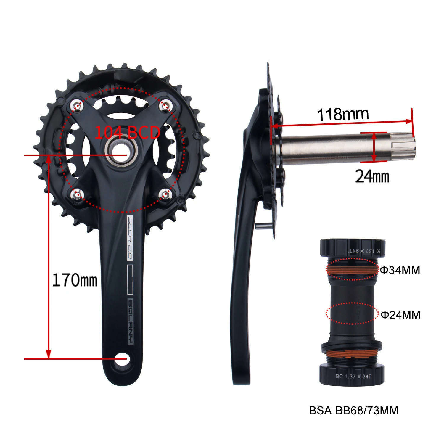 Fahrrad Kurbel 36T 22-36T 24-38T Bolany 104BCD Hohl Kurbel MTB Kurbel 170mm integrierte Kurbel Kettenblatt – Detail 3