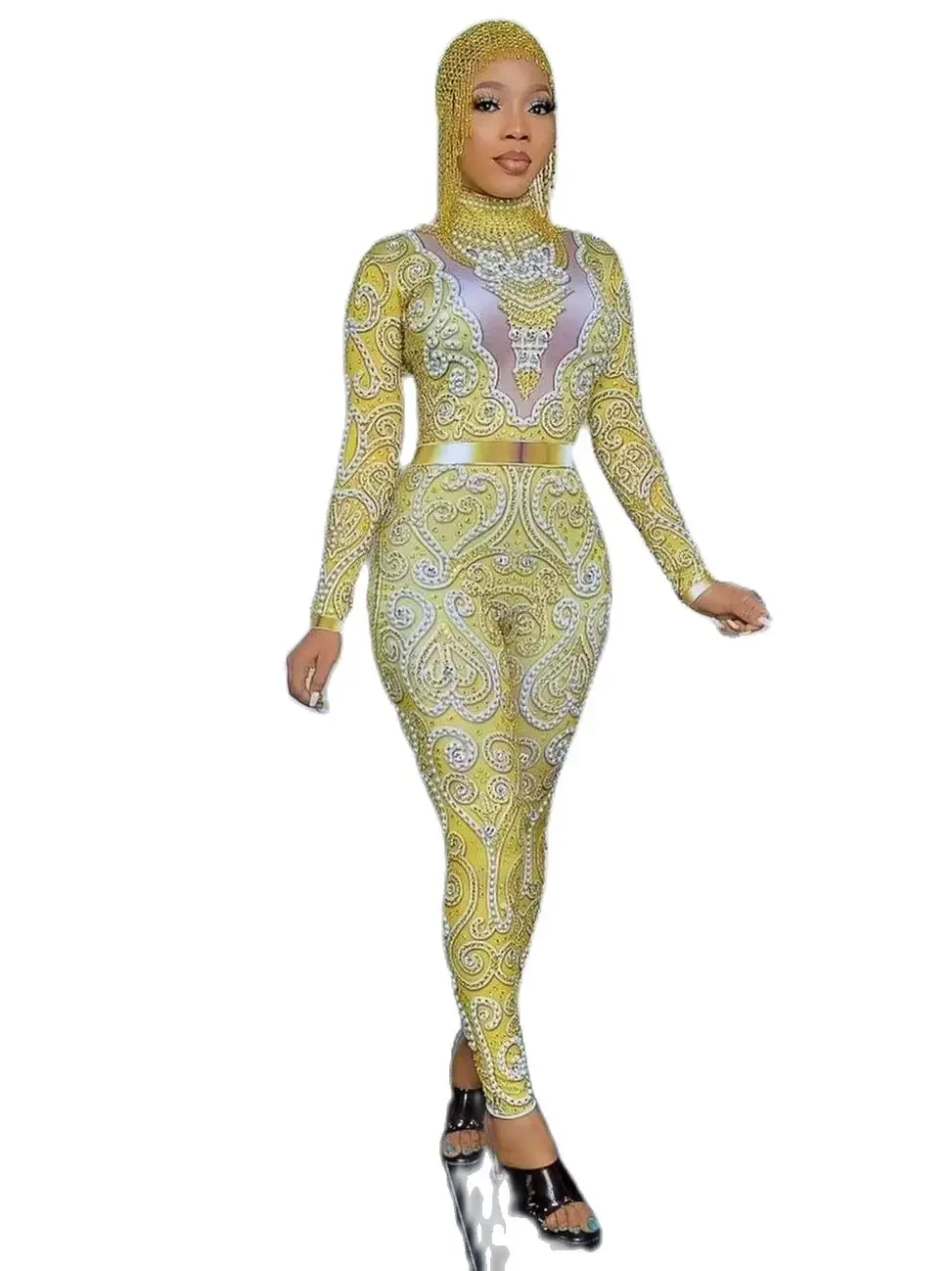 Bodysuit Women DJ Bar Singer Catwalk Party Stage Costume Gold Yellow Crystals Pearl Jumpsuit Sexy Skinny Silver Gray Rhinestones