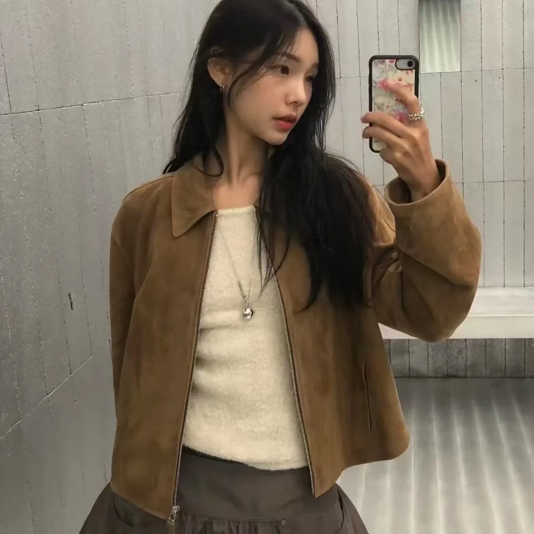 

Корейская замшевая женская куртка свободного кроя, осеннее новое поступление, повседневная одежда из полиэфирного волокна, ветрозащитная застежка-молния