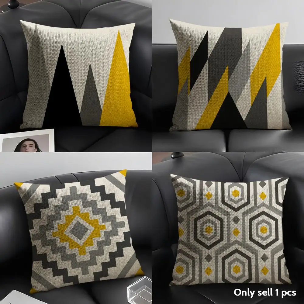Geometric Yellow Grey Cushion Cover Natural Linen Organic Fabric Double Sided Print Sofa Pillow Case Home Decor Gift