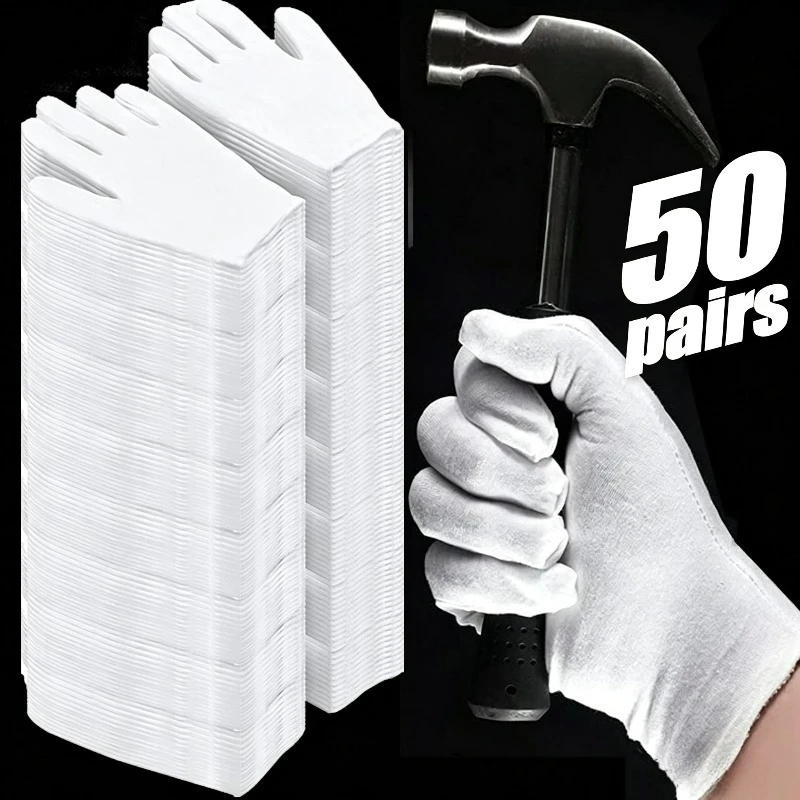 5-50pairs White Cotton Full Finger Gloves Unisex High Elasticity Protective Gloves for Drivers Mittens Household Cleaning Tools