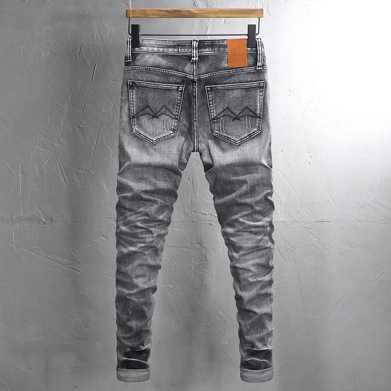 Fashion Vintage Men Jeans High Quality Retro Dark Gray Stretch Slim Fit Ripped Jeans Men Trendy Designer Denim Pants Hombre
