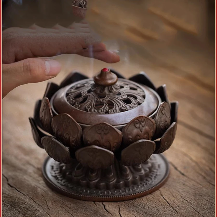 Lotus Incense Burner Ornament Retro Oriental Traditional Buddhist Incense Burner Chinese Round Zen Garden Incensario Home Decor