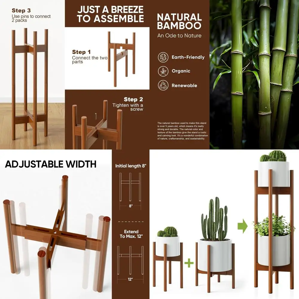 

2-Tier Bamboo Plant Stands, 30 Tall, Adjustable 8-12 Width, Fits Pots 8-12, Brown