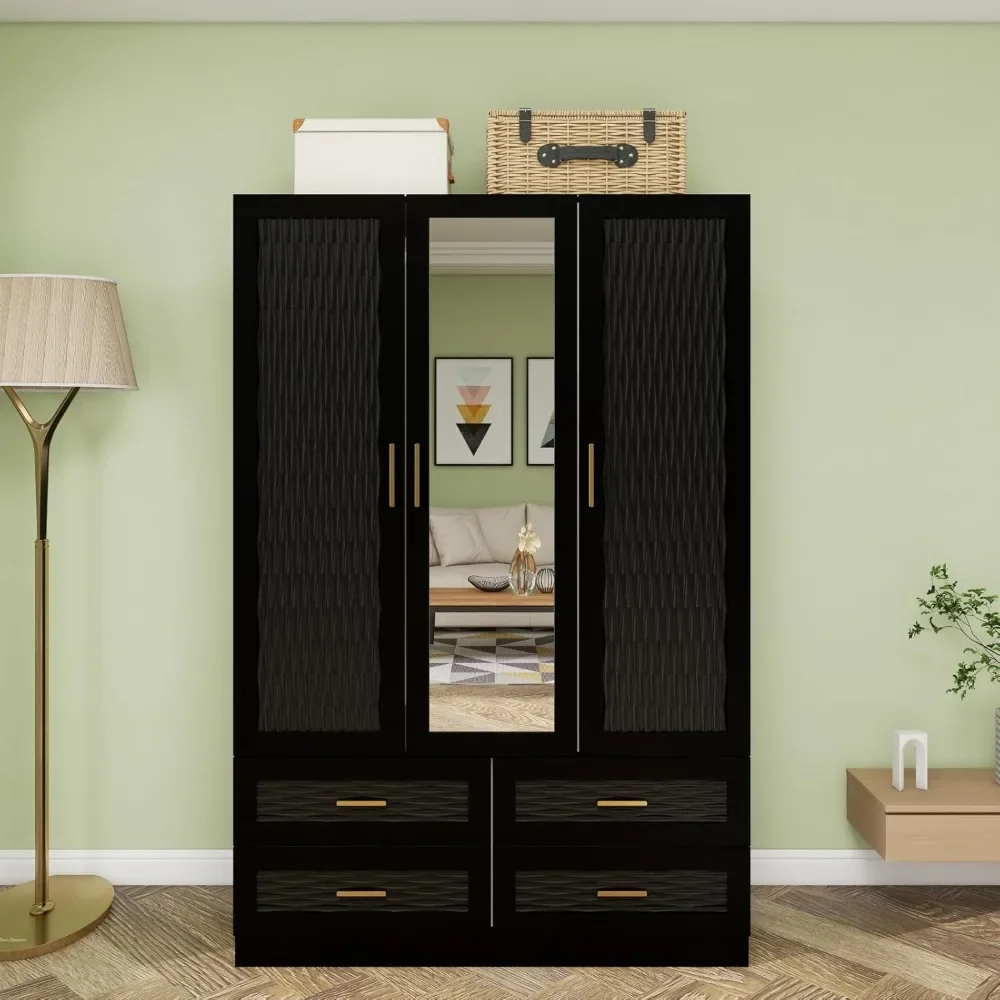 

Wooden Tall Armoire Wardrobe Closet with 3 Doors: Hanging Rods 4 Drawers Mirror Shelving for Bedroom Armoire Large Capacity