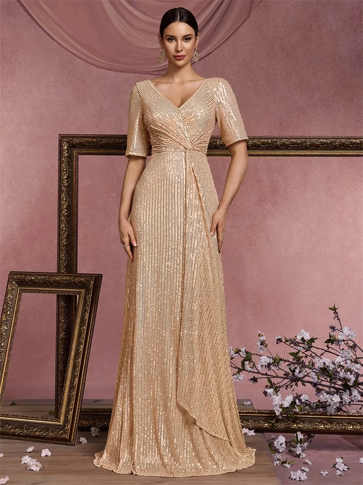 Abiti da sera di lusso con scollo a V lunghi fino al pavimento Abiti da cocktail da ballo con maniche corte e paillettes eleganti da donna