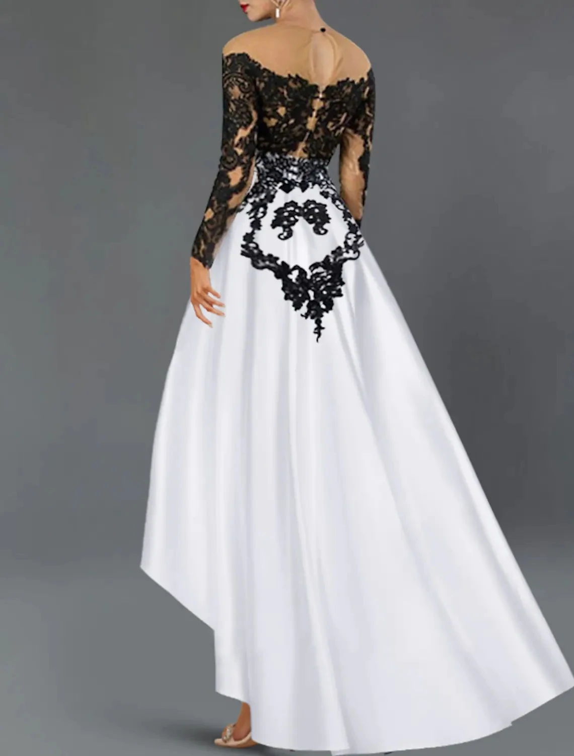 White Black High Low Prom Party Dress Illusion Neck Lace Appliques Long Sleeves Satin Evening Formal Gowns 2023 Robe De Soirée