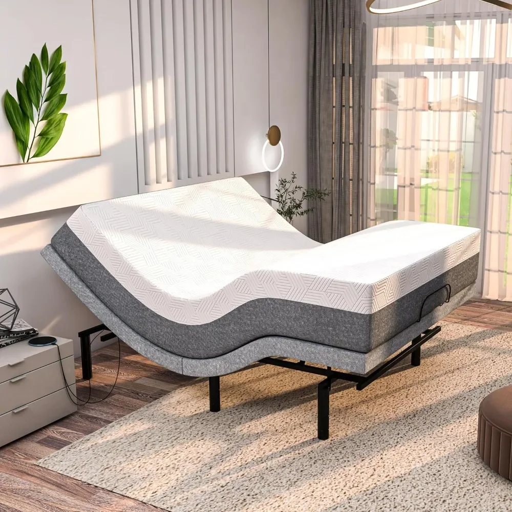 Adjustable Bed, with Mattress & Massage, T Cooling Gel Memory Foam Mattress, USB, Under Bed Light, Electric Adjustable Bed Frame