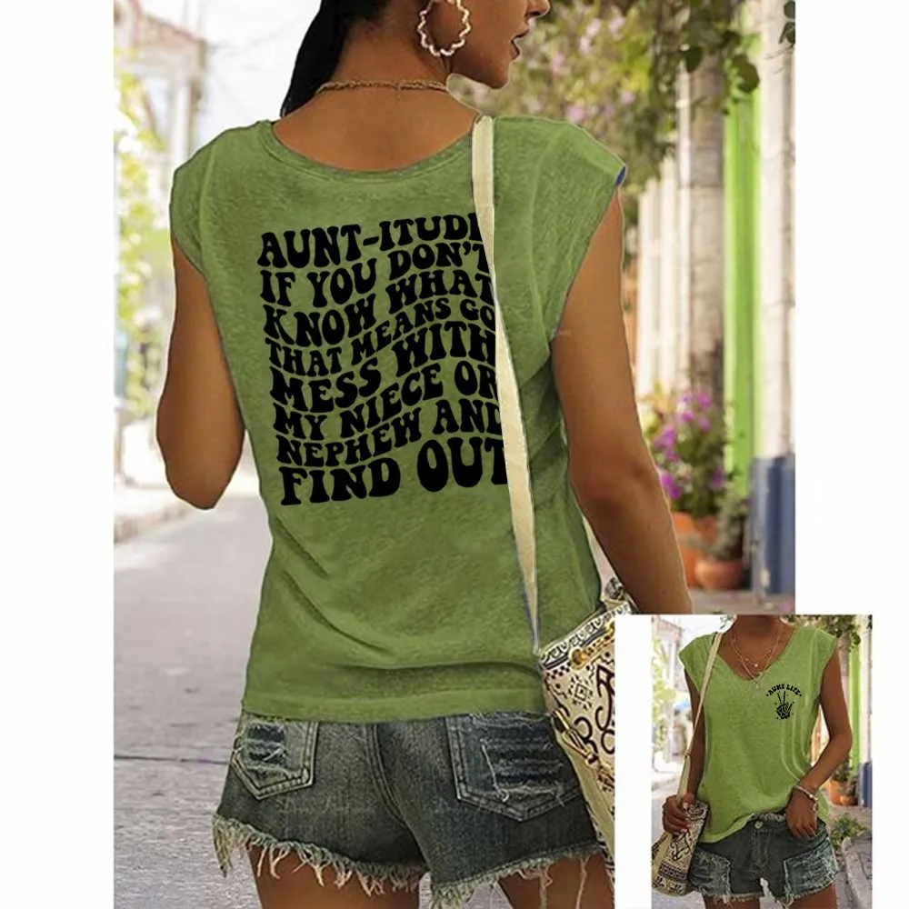 

Rheaclots Women's Aunt-itude Printed Casual V-Neck Tank Top