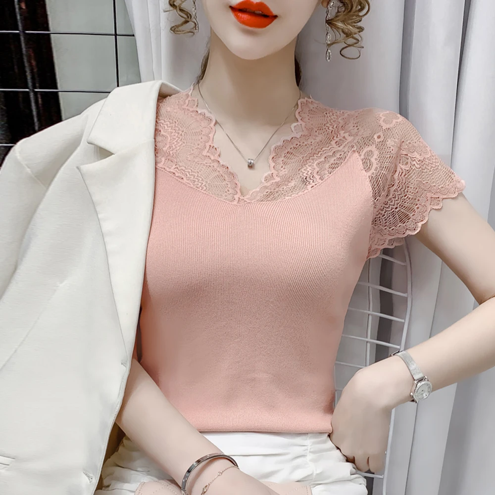 Floral Lace Panel Elastic T shirt Women Lace Sleeve Vest Cheaper Blouse Fashion Ladies Blouses Tops Black White Pink Female Tee