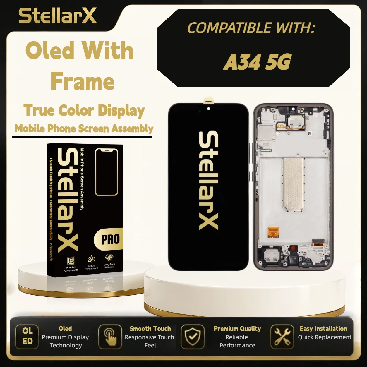 StellarX Display for Samsung A34 5G Oled with Frame Screen Replacement  with free tools OLED Display Assembly Repair Parts ﻿