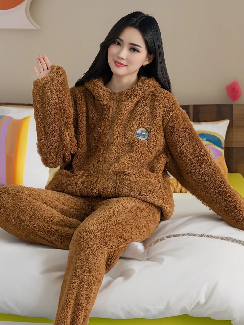 thickened-coral-fleece-zipper-home-clothes-set-autumn-winter-plush-ladies-sleepwear-outgoing-hooded-long-sleeve-pants-for-women