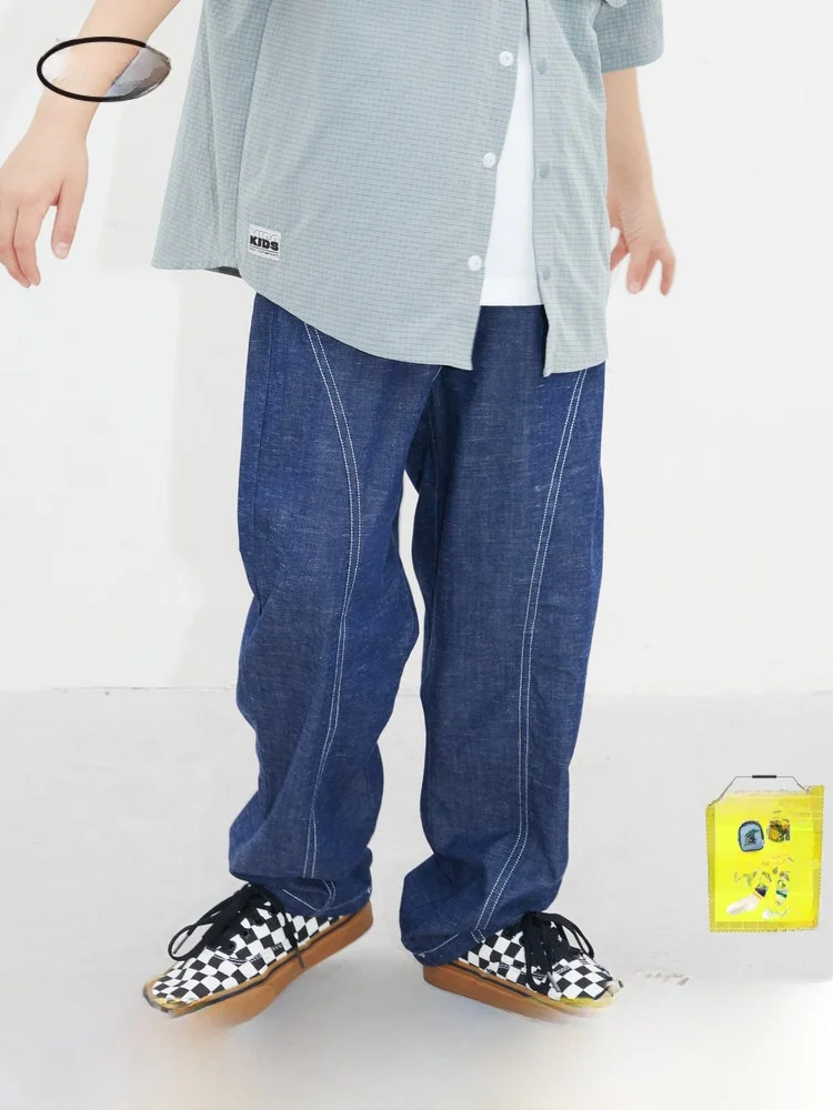 

Mipo Kids Summer Denim Jeans Loose Fit Straight Leg Non-binding Waist for Boys And Girls Casual Long Trousers
