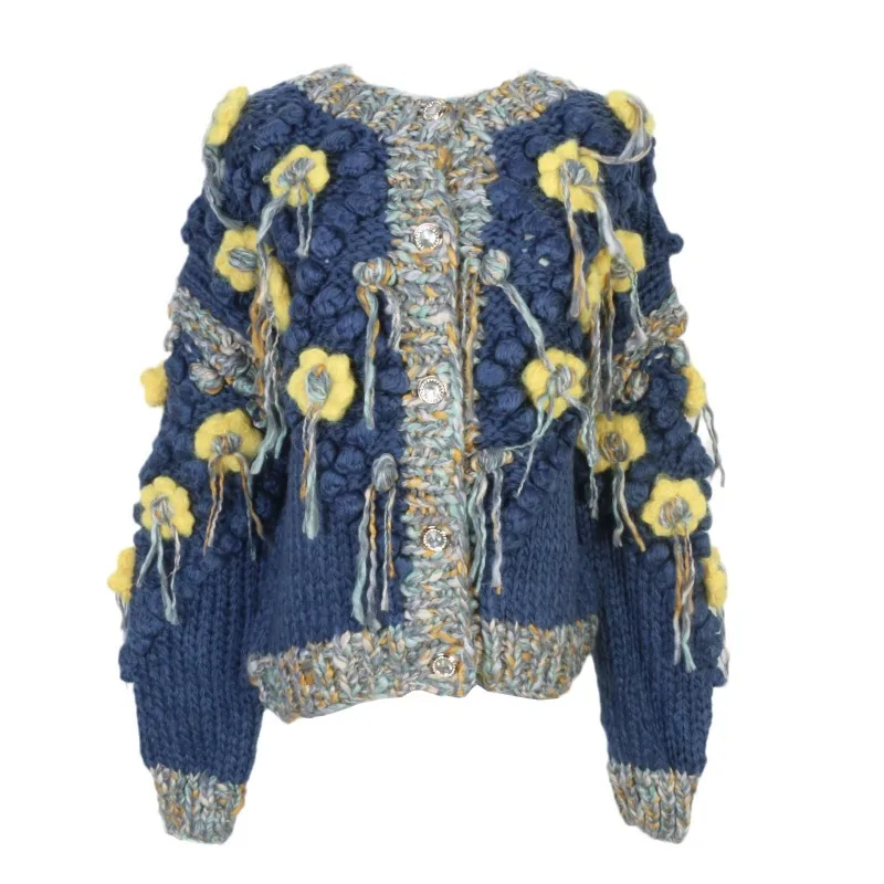 Color Clash Hand-knitted Jackets Tassel Decoration 3d Flowers Loose Dark Blue Sweaters Single Breasted Sweet Mori Girl Overcoats