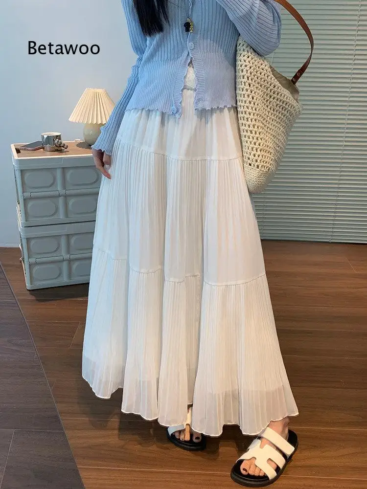 Women White Chiffon Pleated Maxi Skirt A Line Swing Umbrella Dress Flowy Draped Bottoms For Spring Summer Travel Party And Vari
