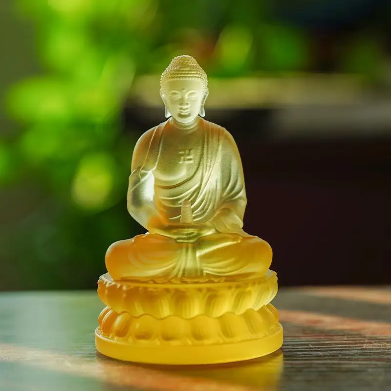 Glass Three Treasures Figurine Tathagata Shakyamuni Amitabha Medicine Buddha Statue Home Worship Hall Offering Decoration