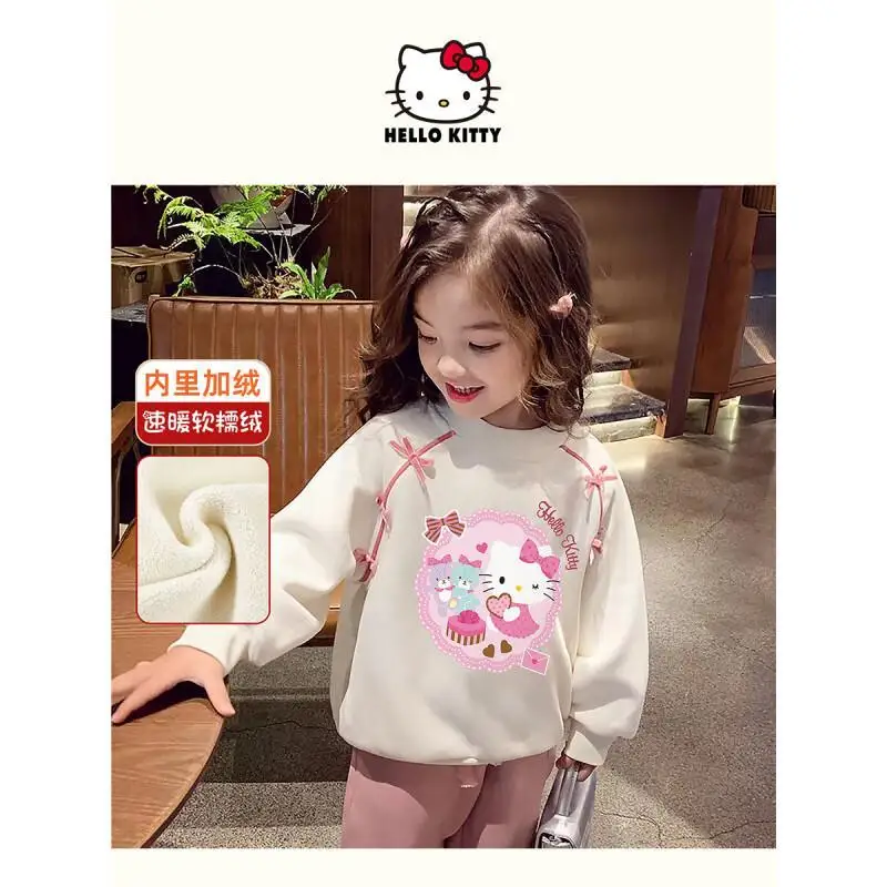 

Sanrio Hello Kitty Girls Fleece Lined Hoodie Winter Warm Cozy Pullover New 2025 Korean Style Fashion Design for Children Cute