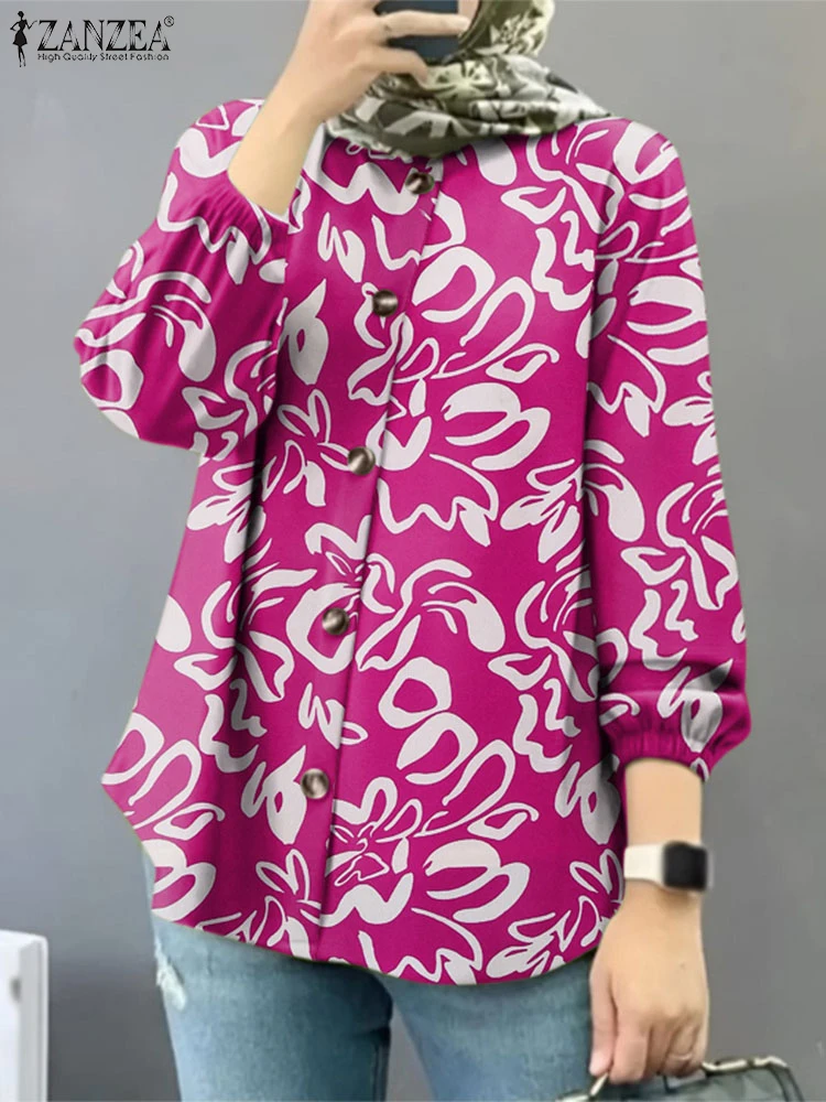 Vintage manga longa floral impresso blusa feminina zanzea primavera feminino topos túnica muçulmano abaya casual camisa de trabalho oversize 2025