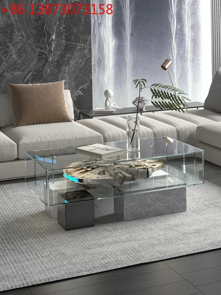 09Italian modern minimalist glass coffee table small apartment light luxury marble coffee table display cabinet
