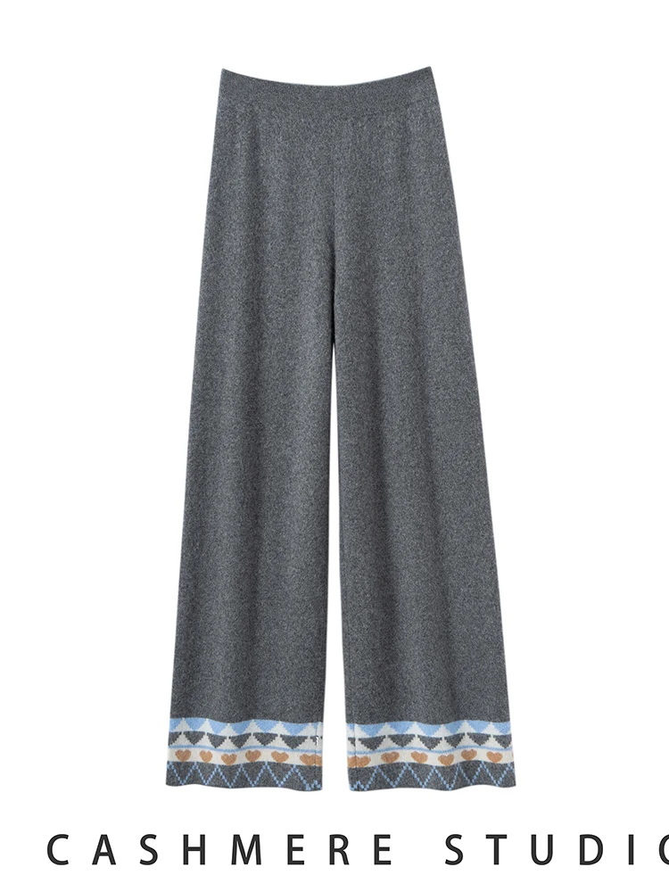 

Women 100% Cashmere Wide Leg Pants Simple Style Elasticated Waist Trousers Autumn Winter Jacquard Cashmere Pants Soft Warm Comfy