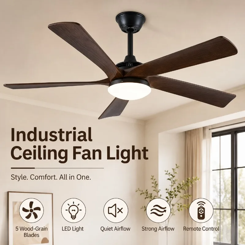 40 52 Inch Industrial Ceiling Fan with LED Light Remote Control High Airflow Reversible for Living Dining Room Ceiling Fan Light
