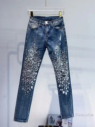 European Fashion Handmade Sewing Diamond Denim Pants Women Super Shiny Sexy Slimming Stretch Slim Fit Skinny Jeans studded jeans