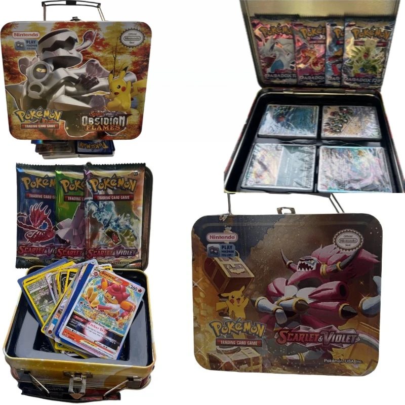 English 41/48/68/118/210 PCS Iron Metal Box Pokemon Trading Game Card Pokémon SCARLET VIOLET Pokemon Booster Playing Cards Toy