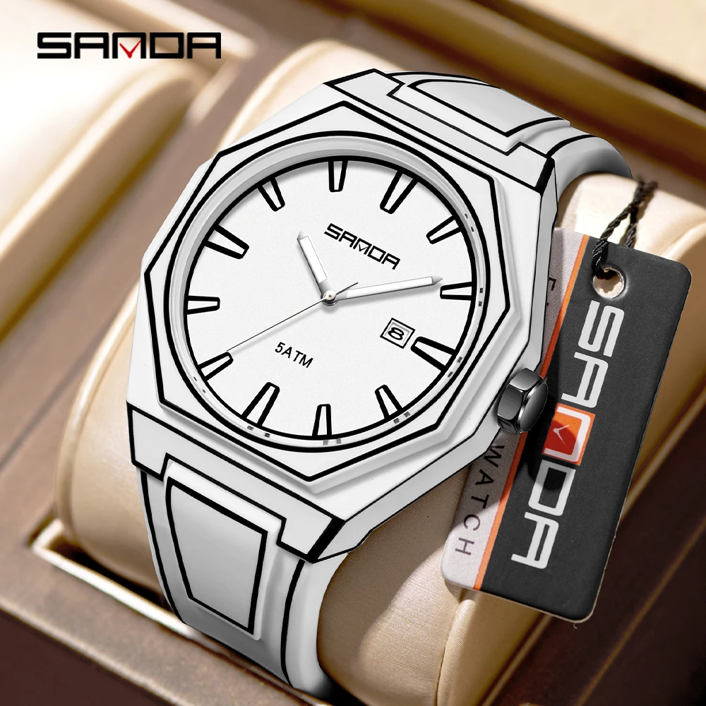 SANDA 9090 Manga Style Quartz Watch Octagonal Case 5ATM Waterproof+Luminous Calendar Trendy Personalized Men's and Women's Watch