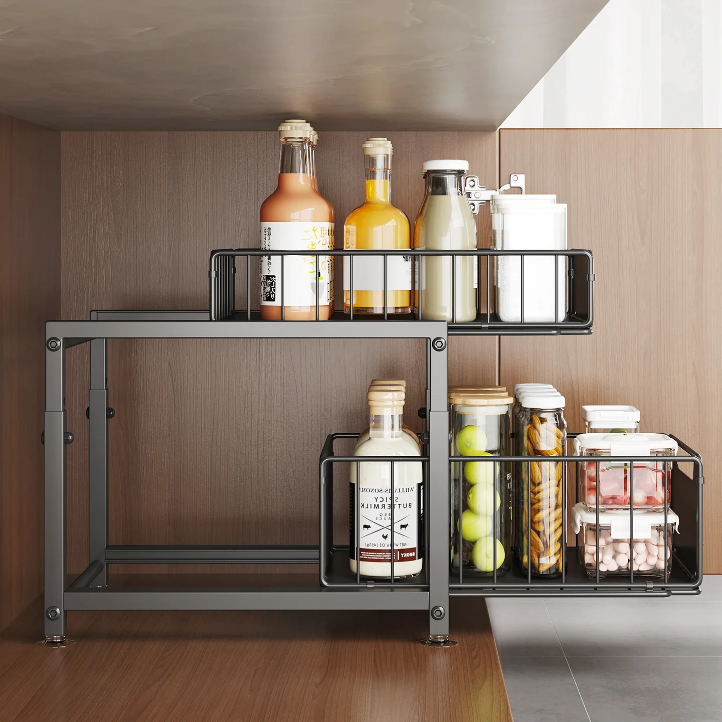 Two-Tier Carbon Steel Under Sink Organizer Pull-Out Storage Black Or White Cabinet Rack Lined Height-Adjustable Variant Options
