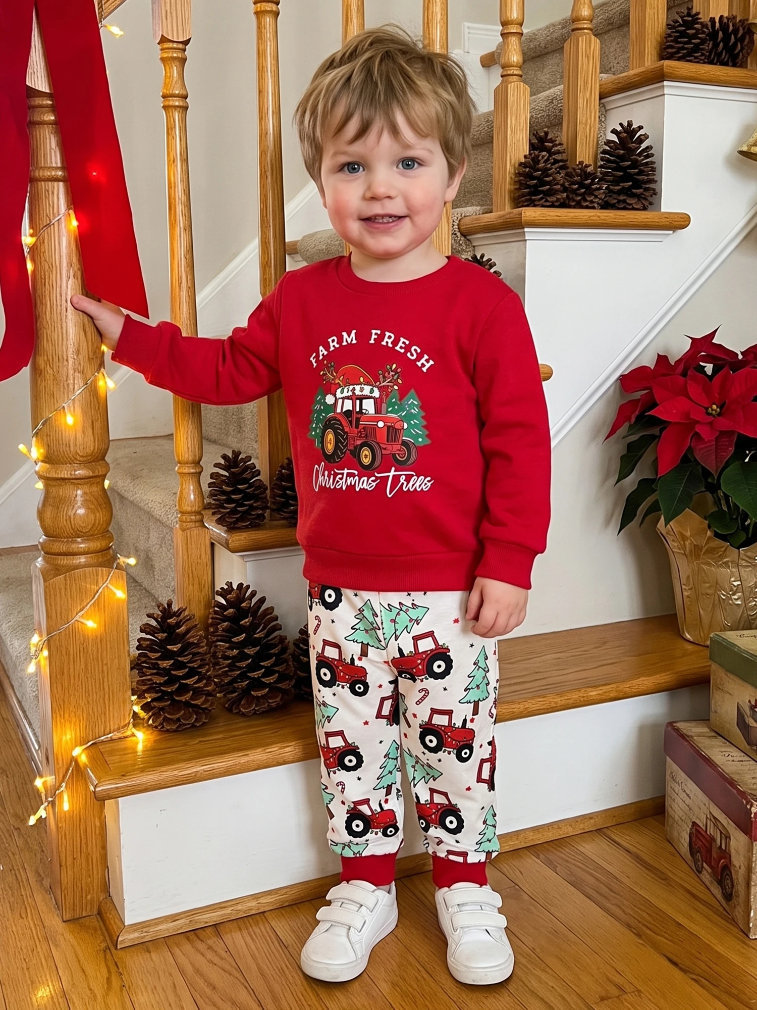 Long With Pants Tractor Print Christmas Costume Tree Long-Sleeve-Sweatshirt Print Sleeve Tree Tractor Print