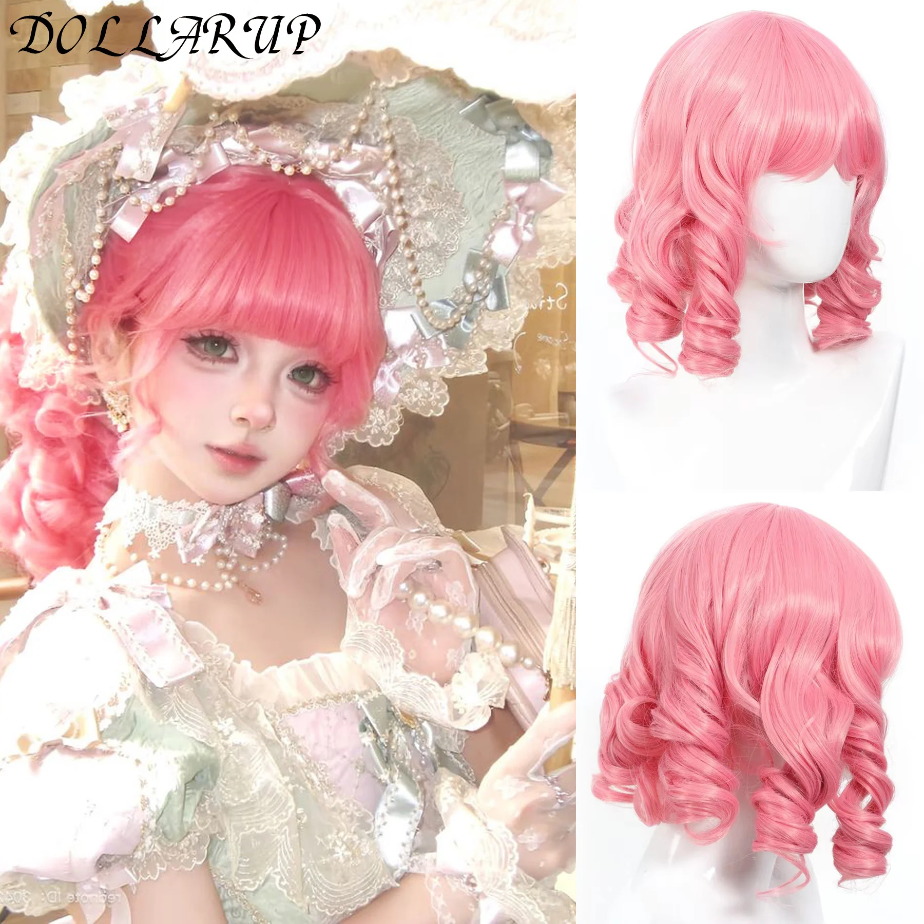

Synthetic Long Roman Curly Wavy Lolita Wig with Bangs Wig Girl Cute Ombre Pink Blonde Black Cosplay Party Halloween Harajuku Wig