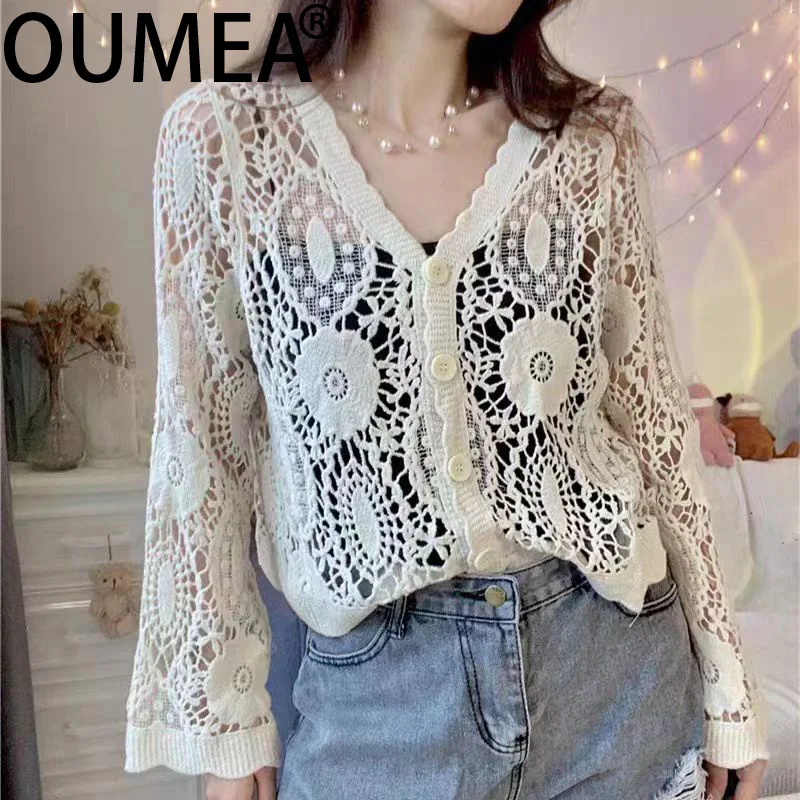 OUMEA Women Cotton Crochet Cardigans Solid Color Floral Pattern Beach Cover Ups Buttons Front Long Sleeve Casual Blouse