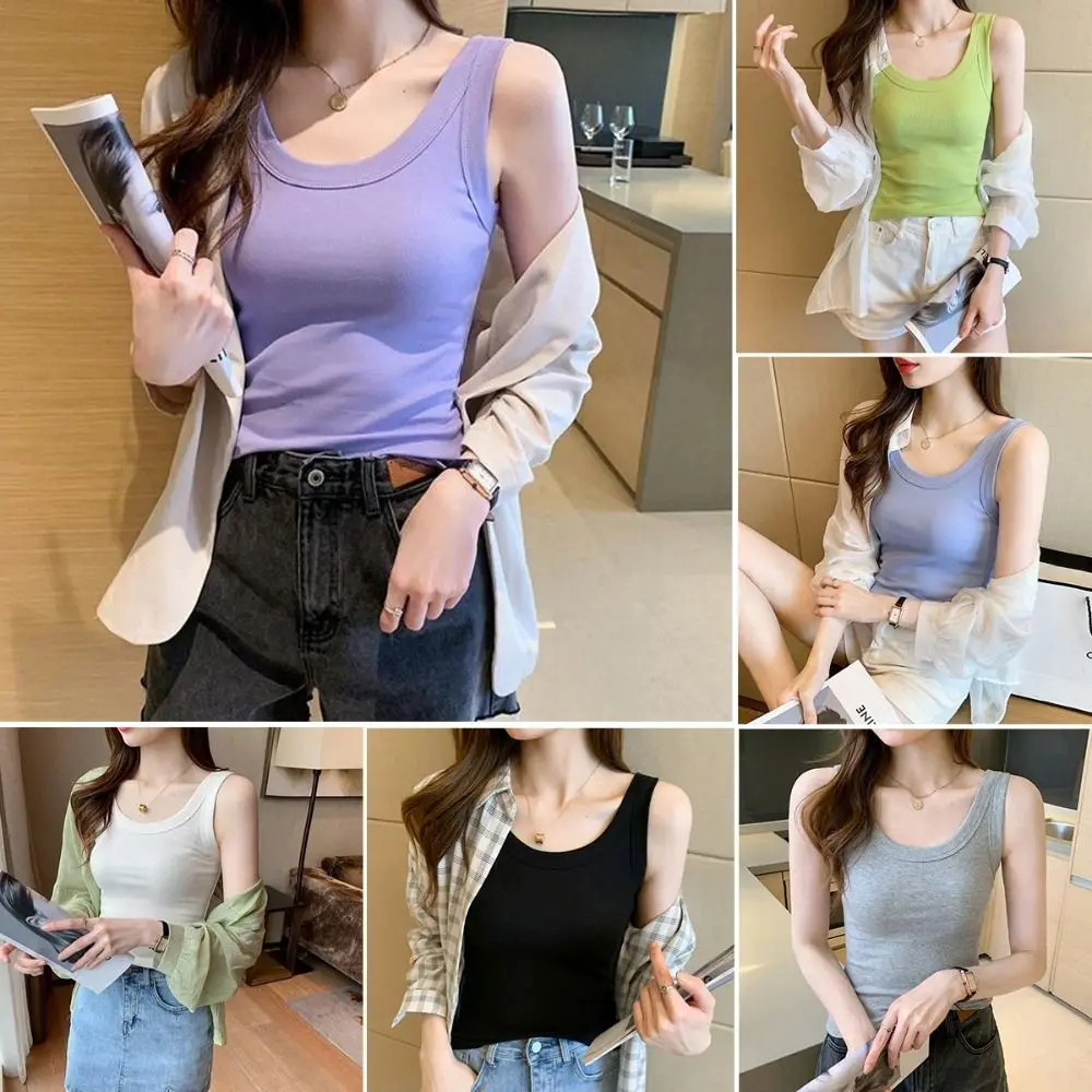 

Versatile Solid Color Tank Top Inner/Outer Wear Strap Crop Top Slim Fitting Round Collar Cami Top