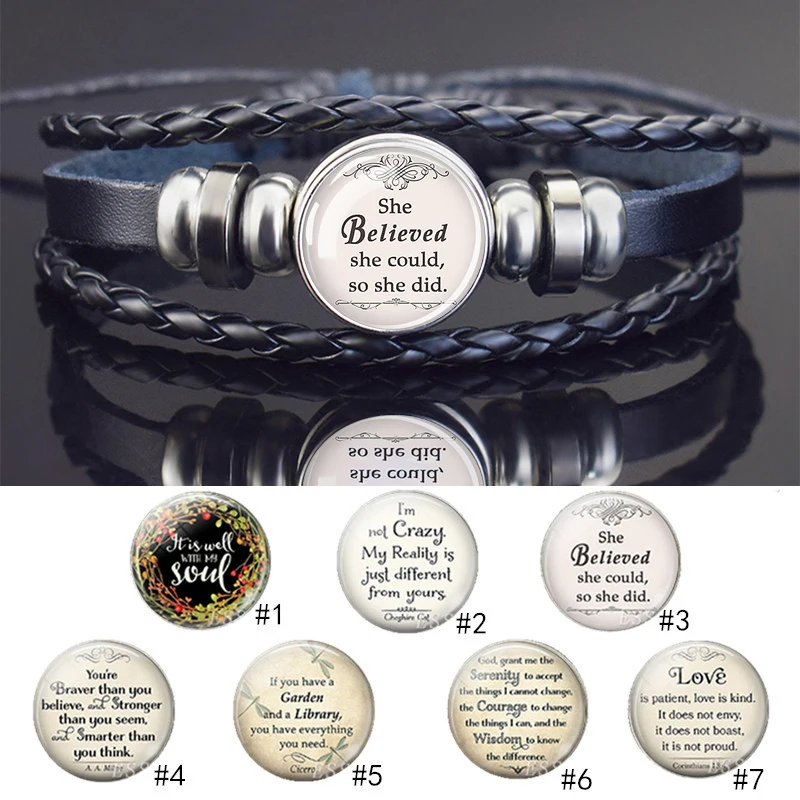 Black Leather Punk Bracelet Glass Cabochon Wrist  Round Cuff Bracelets Serenity Prayer Quote Jewelry Gift for Friend Sister