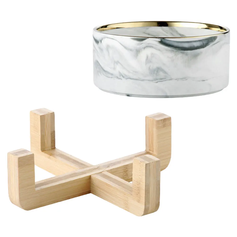 

Marble Pattern Cat Bowl Wood Stand Ceramic Dog Feeder Soup Food Container Set Accessories