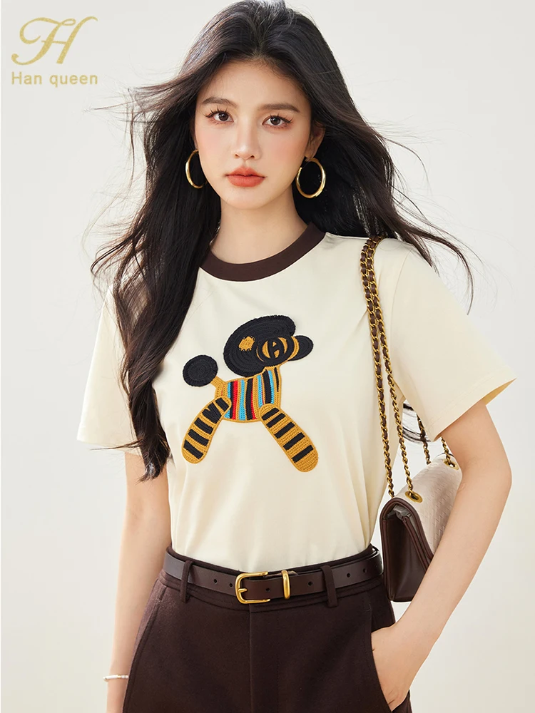 H Han Queen 2025 Simple Female Clothing Printing Office T-Shirt Short Short Sleeve Tops Casual Korean Style Vintage Tees Women