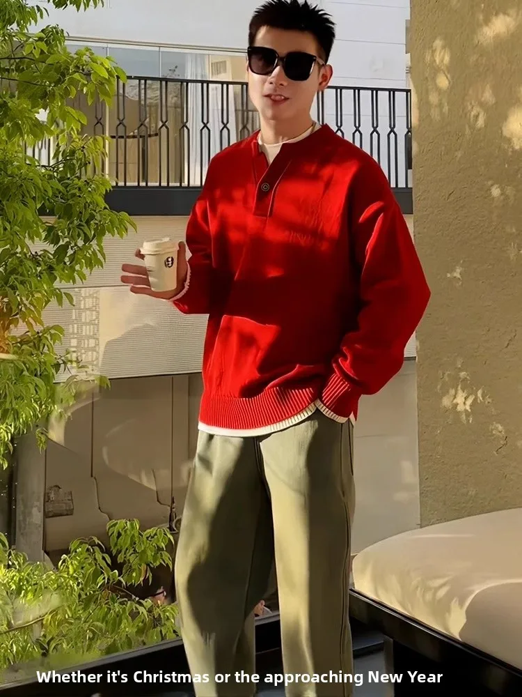 

Новый летний повседневный однотонный вязаный свитер с воротником хенли для мужчин: модный, с длинным рукавом, в городском стиле, молодежный трикотаж