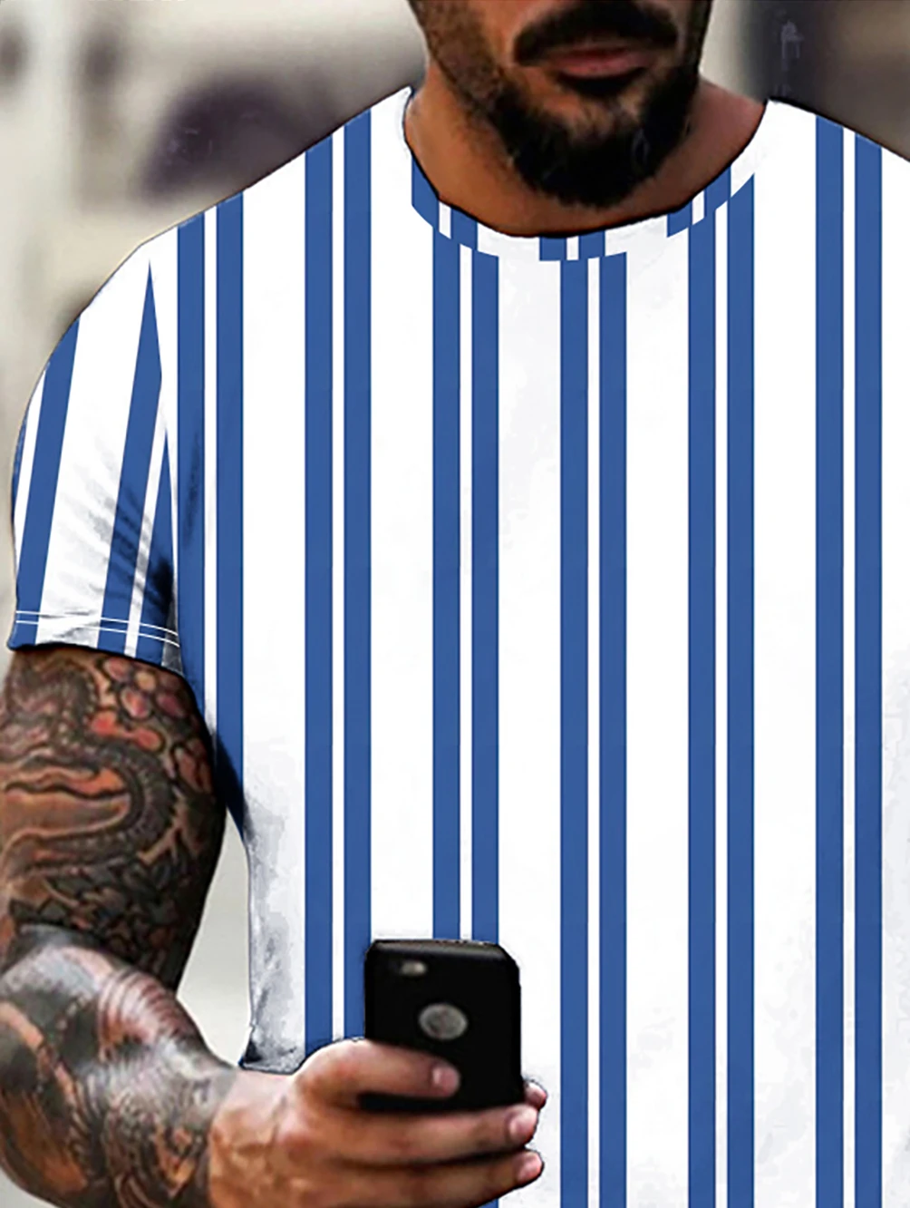 Men's round neck casual T-shirt 3D digital printing short sleeve blue stripe printing short sleeve cross-border